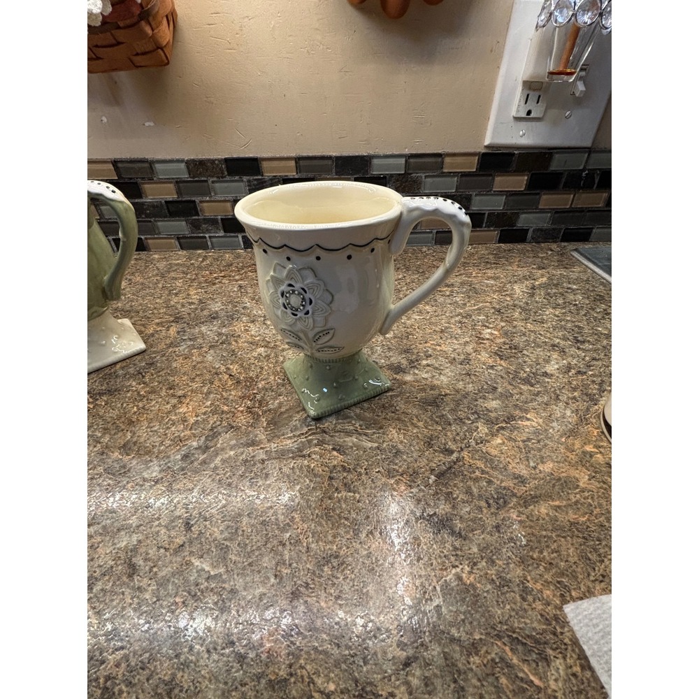Ceramic Footed Floral Mugs Set of 3 Sage Green Cream Cottage core - Picture 2 of 11